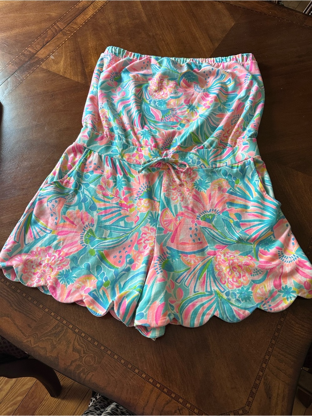 Lilly Pulitzer Pink & Turquoise Tropical Print Scallop Hem Shorts Romper